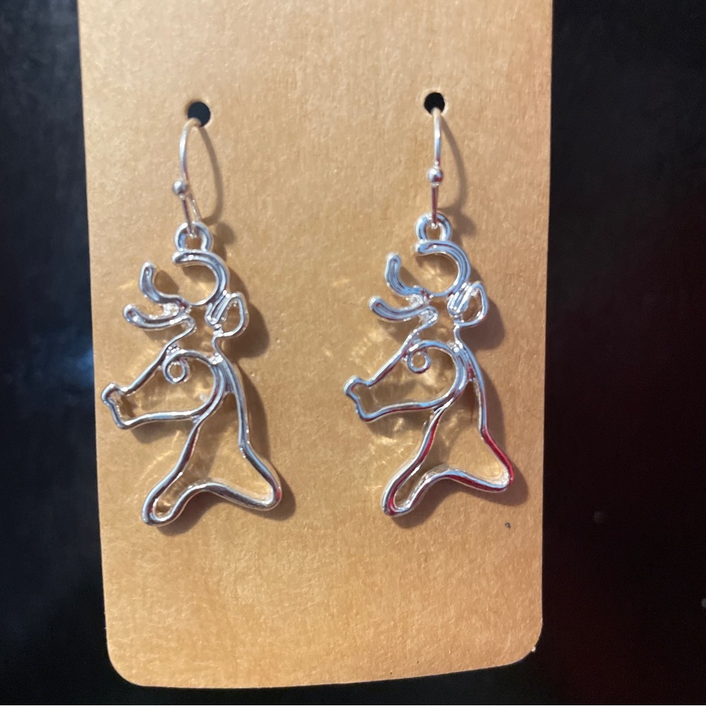 Christmas Silver Reindeer Head Dangling Earrings